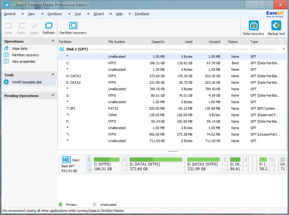EaseUS Partition Master Professional on Windows 10