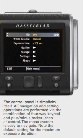 The control panel is simplicity itself. All navigation and setting operations are performed via the combination of four-way keypad and plus/minus rocker (seen at centre).The menu system is easy to navigate. Note the default setting for the maximum exposure duration.