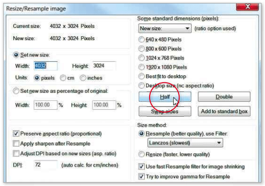 By halving the dimensions of a photo you can reduce its file size to one-tenth of the original