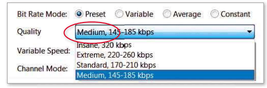 Lower the Quality setting to Medium in Audacity to reduce the size of your music collection