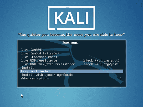 Above The Kali boot menu offers the ability to run in regular modes, forensic modes and with USB persistence