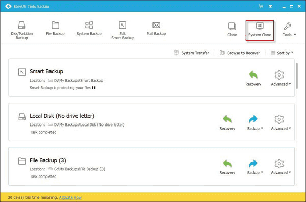 Choose System Clone in EaseUS Todo Backup to clone your drive