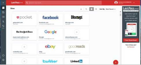 LastPass displays all your login accounts as tiles in its virtual vault.