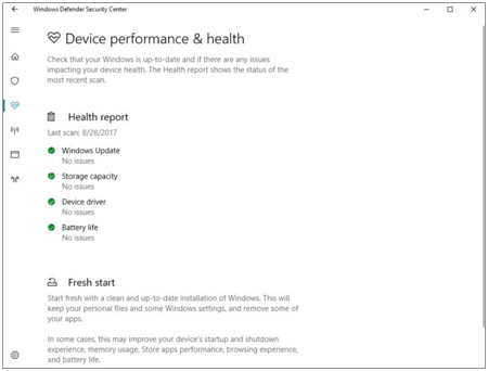 Windows Defender's device performance and health report.