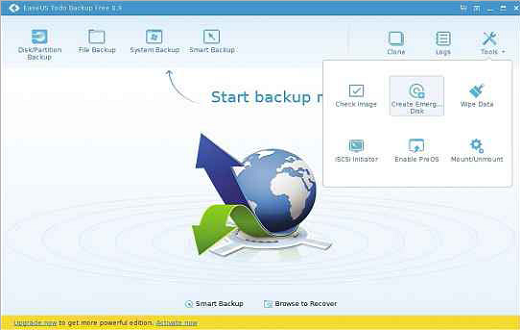 When EaseUS TODO Backup is open, click Tools and select the emergency disk creation option