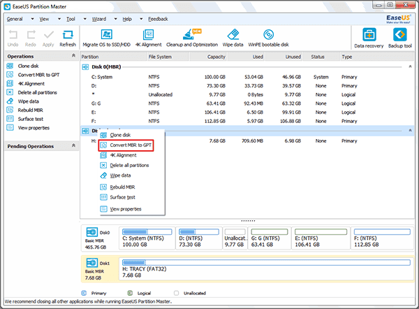 Use EaseUS Partition Master Free to convert a GPT USB drive to MBR