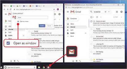 Using Chrome's 'Open as window1 option (left), you can make Gmail's website work more like a PC program (right), complete with a taskbar icon