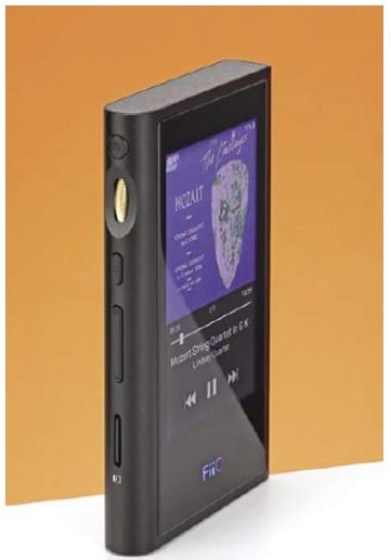 The M9 has a gold-hue rotary volume control, transport buttons and micro-SD card slot on its left face. At top sits the on/off switch.