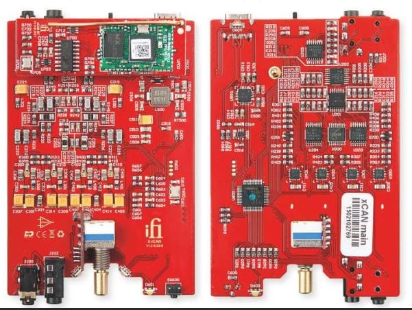 RIGHT: Topside of the PCB [left pic] carries the Bluetooth daughter board [top] with copper wire antenna and ESS ES9023P DAC, the preamp [left] and volume control [bottom]. Underside [right pic] hosts the switching and logic traditional headphone socket, producing a headphone amp based around Bluetooth technology seems to make a lot of sense.