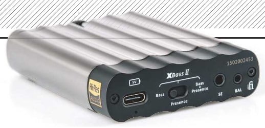 ABOVE: The xCAN provides single-ended (3.5mm) and balanced (2.5mm) inputs for wired connections, and Bluetooth for wireless streaming. The USB-C connector [far left] is for charging only. XBass II offers bass and presence boost [see boxout, p73]