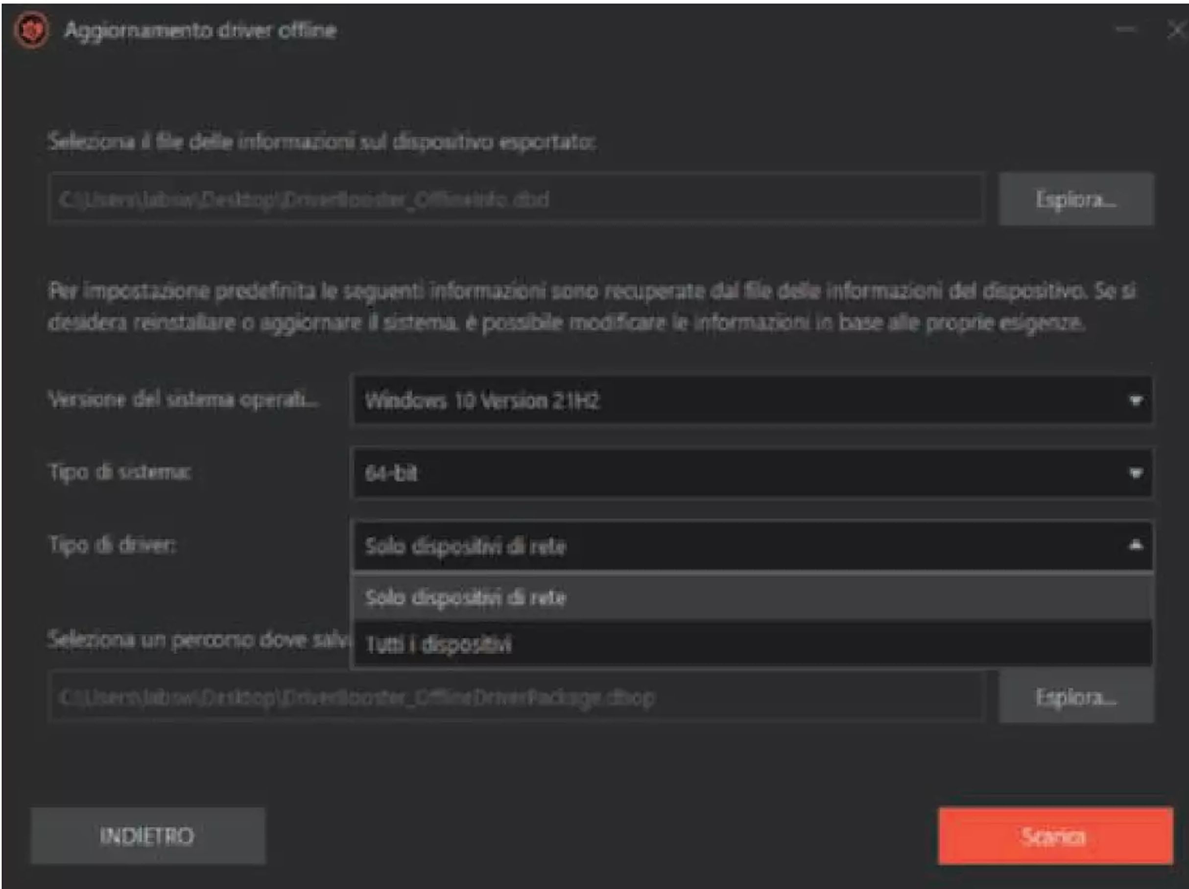 The offline driver package can include only network access devices or the entire list of detected components.